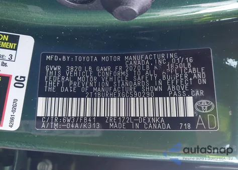 2016 Toyota Corolla L/Le/Le Pls/Prm/S/S Pls z USA, uszkodzony, nr VIN 2T1BURHEXGC590290